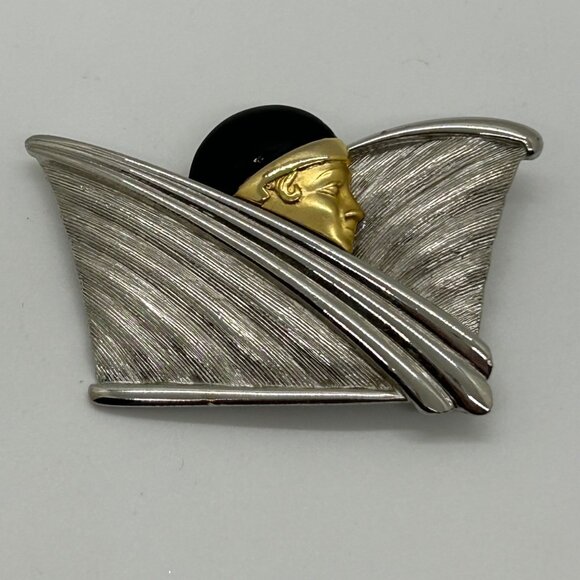 Estate Jewelry - Vintage Art Deco-Inspired Flapper Brooch Silver-Toned Texture Gold-tone Profile